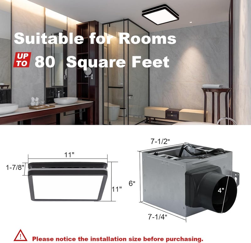 Akicon Bathroom Exhaust Fan with Light, 80CFM 2.0 Sones Exhaust Fan for Bathroom Ceiling, 15W Dimmable 3CCT LED Lights & 3.5W Nightlight Vent Fan for Home, Shower Room, Square, Black - Image 5